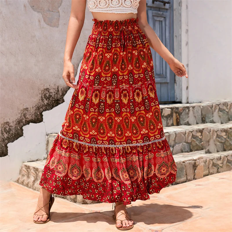 Bohemian Skirt Women Beach Clothes Geometrical Print Elastic High Waist A Line Flowy Swing Skirt Party Skirts Beachwear