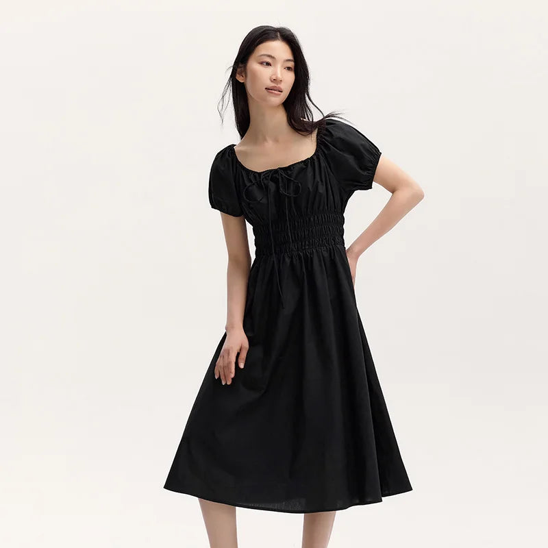 Vestido de mujer suave y elegante de verano nuevo estilo francés cuello cuadrado cintura ceñida longitud media fresco