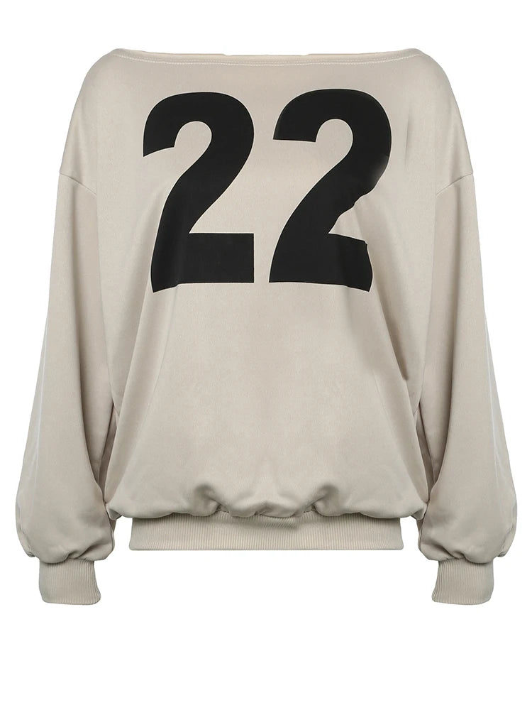 Sudadera holgada informal con estampado de figuras para mujer, otoño e invierno, nueva moda, con hombros descubiertos y cuello oblicuo, ropa de calle