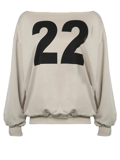 Sudadera holgada informal con estampado de figuras para mujer, otoño e invierno, nueva moda, con hombros descubiertos y cuello oblicuo, ropa de calle