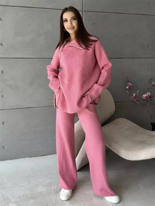 Conjunto de pantalón de punto con cremallera para mujer, jersey de manga larga con solapa entallada y pierna recta de patchwork, conjunto de 2 piezas para invierno