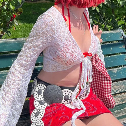 Cárdigan con mangas acampanadas y protector solar para mujer, moda Y2K, cuello en V, top corto, ropa de calle, camiseta blanca de punto con cordones