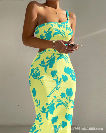 Vestidos estampados de un solo hombro con tirantes finos para mujer, vestidos sexis con abertura en la espalda, paquete de cadera, vestido ajustado, moda para dama, vestidos modernos para mujer