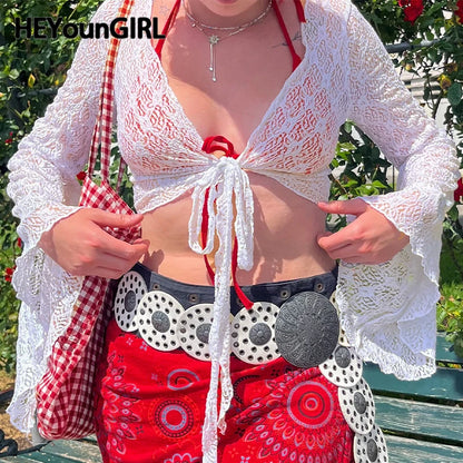 Cárdigan con mangas acampanadas y protector solar para mujer, moda Y2K, cuello en V, top corto, ropa de calle, camiseta blanca de punto con cordones