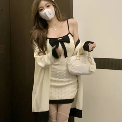 Elegante conjunto de dos piezas de punto para mujer, vestido de fiesta dulce con lazo de diseñador, conjunto de suéter de estilo coreano para mujer, minivestido de invierno.