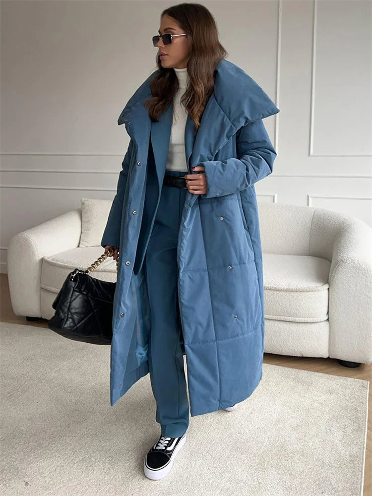 Parkas de invierno para mujer, abrigo holgado con cordones, cintura alta, manga larga, bolsillo, solapa, estilo vendaje, color liso