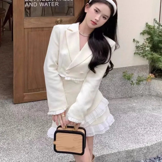 Autumn New Luxury Two-piece Skirt Set Women Lapel Crop Jacket Ruffles Patchwork Bodycon Mini Skirt Korean Fashion Female Outfits