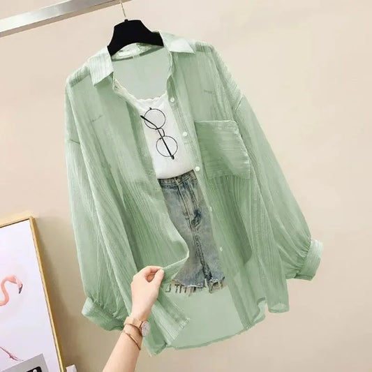 Blusa elegante de gasa transparente de manga larga con protección solar para mujer, estilo coreano, holgada, estilo cárdigan playero de verano.