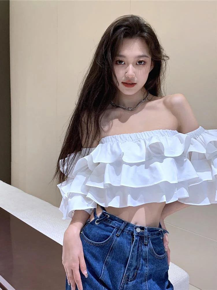 Blusa coreana con hombros descubiertos para mujer, blusa corta con volantes apilados, camisa de diseñador de verano de manga corta de gasa sexy, nueva