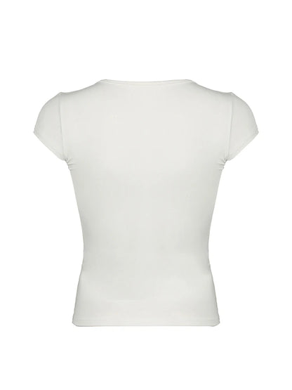 Camiseta básica ajustada de manga corta con cuello en V y ribete de encaje blanco liso para mujer, camisetas coreanas elegantes y sexis a la moda