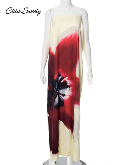 Sexy Floral Printed Strapless Long Dresses Women Loose Off The Shoulder Sleeveless Beach Dress 2025 Summer Lady Vacation Robes
