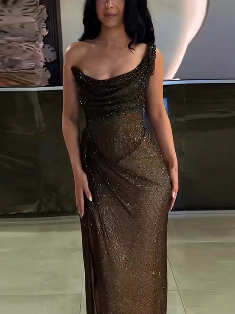 Sexy Sequin Single Shoulder Long Dress Women Vintage Glitter Pleated Sleeveless Tube Dresses Female Spring Chic Evening Holiday