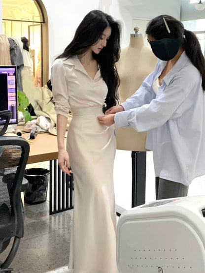 Elegante conjunto de falda de 2 piezas de color liso, camisa de manga larga para mujer, falda de sirena midi de cintura estrecha, ropa de oficina de moda coreana para mujer