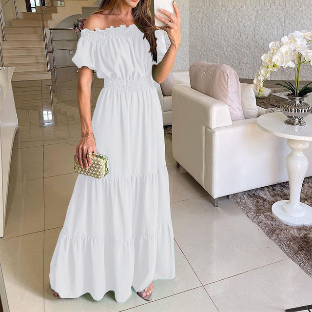 2025 Summer Vestidos Red Short Sleeve Sexy Club Party Evening Long Dress Slim Solid Color Robe Ruffles Elastic Waist Slash Neck