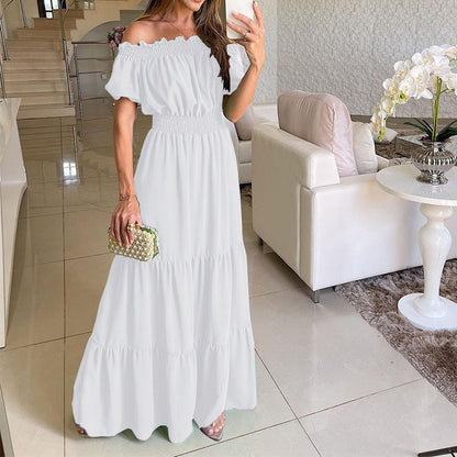2025 Summer Vestidos Red Short Sleeve Sexy Club Party Evening Long Dress Slim Solid Color Robe Ruffles Elastic Waist Slash Neck