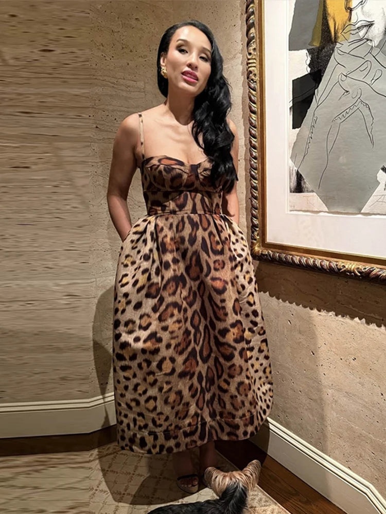 Vintage Leopard Sling Tube Long Dresses Women Sexy Sleeveless Slim Fit Backless Dress Female Chic Street Party Evening Vestidos