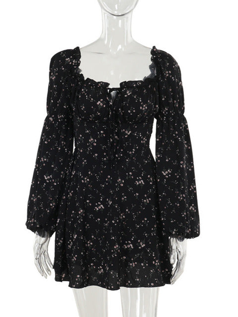 Vestido floral de manga larga abullonada para mujer, vestido de otoño invierno con cuello cuadrado y espalda descubierta, vestidos elegantes de moda femenina, nuevo
