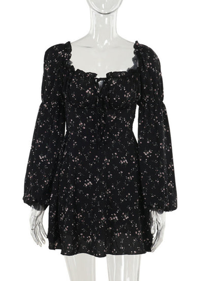 Vestido floral de manga larga abullonada para mujer, vestido de otoño invierno con cuello cuadrado y espalda descubierta, vestidos elegantes de moda femenina, nuevo