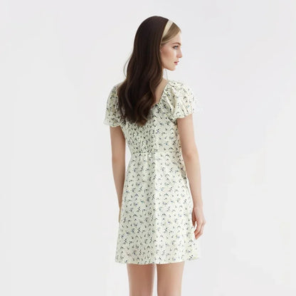 Vestido de mujer con mangas abullonadas y estampado floral de gasa Mori, nuevo vestido de verano con escote cuadrado y cintura corta, divertido