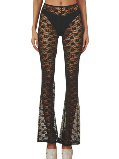 Pantalones largos acampanados informales de moda Y2K con diseño entallado de malla y retazos para mujer, pantalones de cintura alta con estampado floral y elásticos para mujer