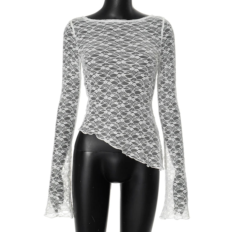 Camiseta de encaje transparente sexy para mujer, camisetas asimétricas de manga larga transparentes, tops cortos de malla floral para mujer, moda