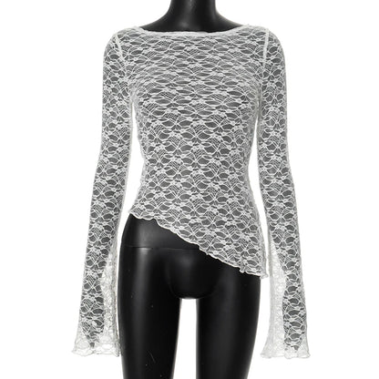 Camiseta de encaje transparente sexy para mujer, camisetas asimétricas de manga larga transparentes, tops cortos de malla floral para mujer, moda