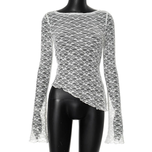 Sexy Lace Sheer T-shirt Cover-ups Women See Through Long Sleeve Asymmetrical Tees Shirt Ladies Floral Mesh Crop Tops Fashion
