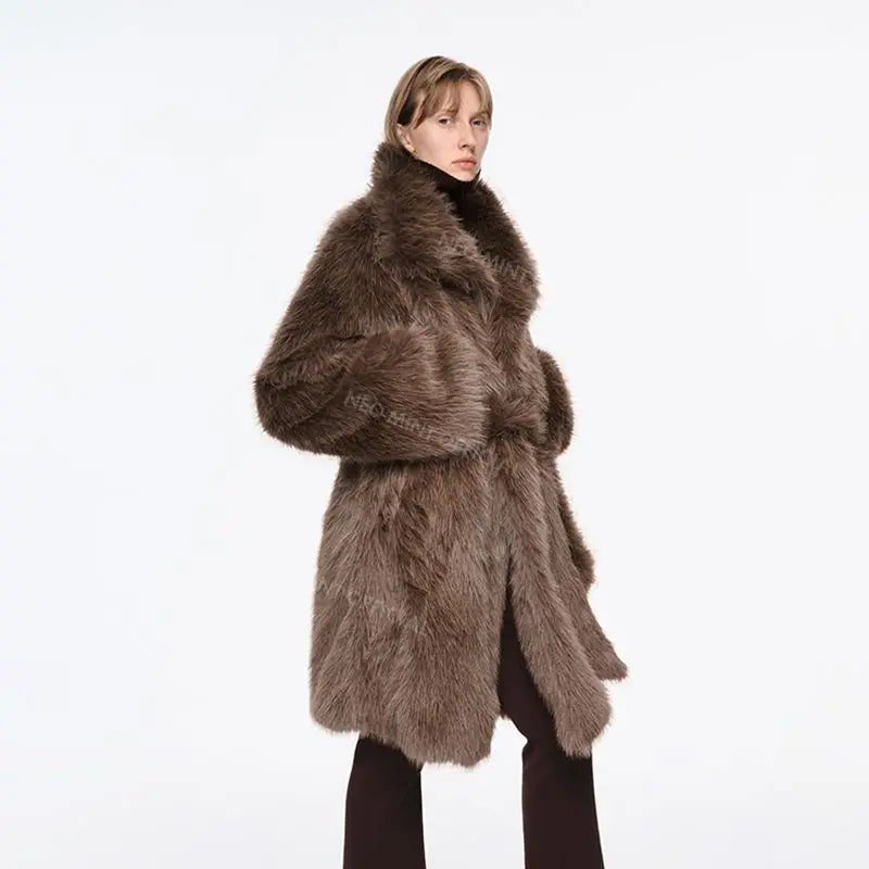 Abrigo de piel sintética largo y esponjoso con cinturón de marca de lujo para mujer, chaqueta gruesa y cálida con solapa y cuello de piel de zorro para invierno