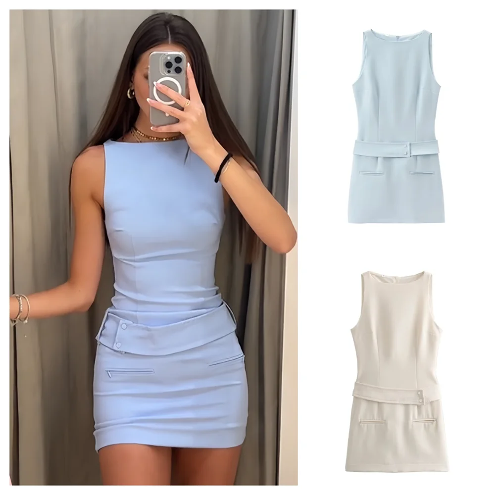 Spring New Women’s Fashion and Elegance Slim Fit Versatile Belt Decoration Round Neck Sleeveless Short Dress