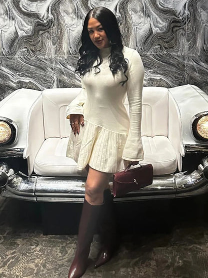 Elegante minivestido de punto con mangas acampanadas para mujer, estilo vintage, liso, cuello alto, ajustado, plisado, corto, para otoño, elegante, de punto