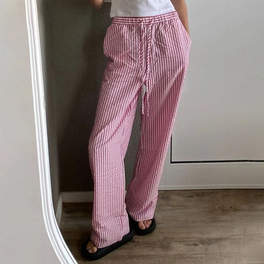 Pantalones anchos a rayas de moda elegante para mujer, ropa de calle coreana, informales, con cordón, de cintura alta, sueltos, rectos, largos, ropa de estar por casa