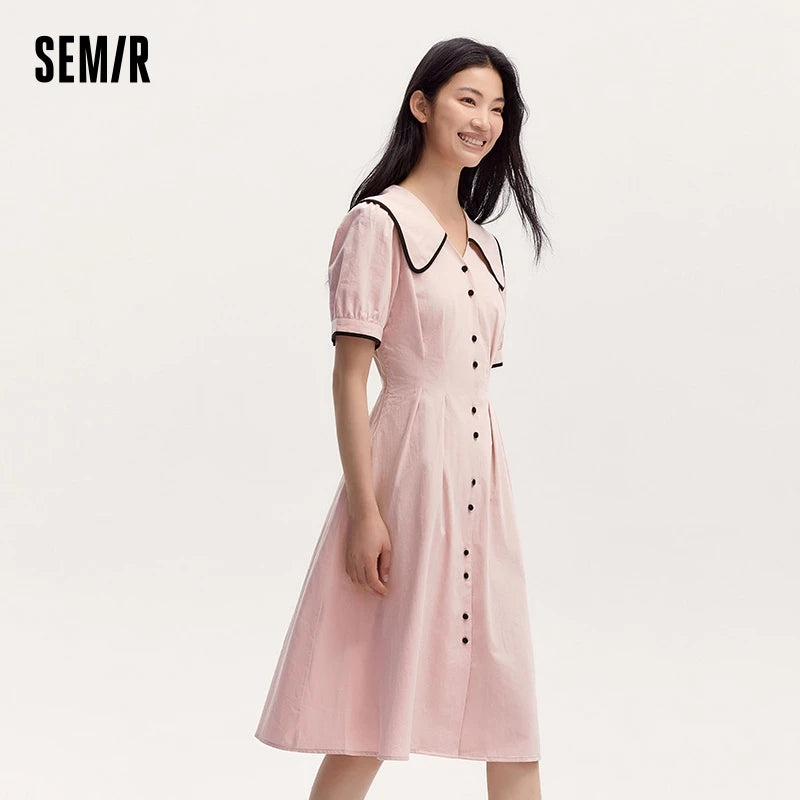 Vestido de mujer de algodón puro con mangas abullonadas, nuevo vestido de verano con bloques de color, solapa grande y largo medio, estilo universitario.
