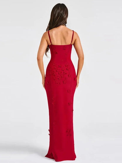 Sexy 3D Flowers Sling Tube Dresses Women Vintage Solid Slim Fit Sleeveless Slit Long Dress Female Spring Chic Evening Vestidos