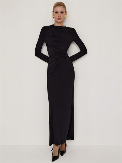 Fashion Autumn Pleated Long Dress Female High Waist Slim Bandage Solid Elegant Commute Clothes Ladies Y2k Maxi Dress