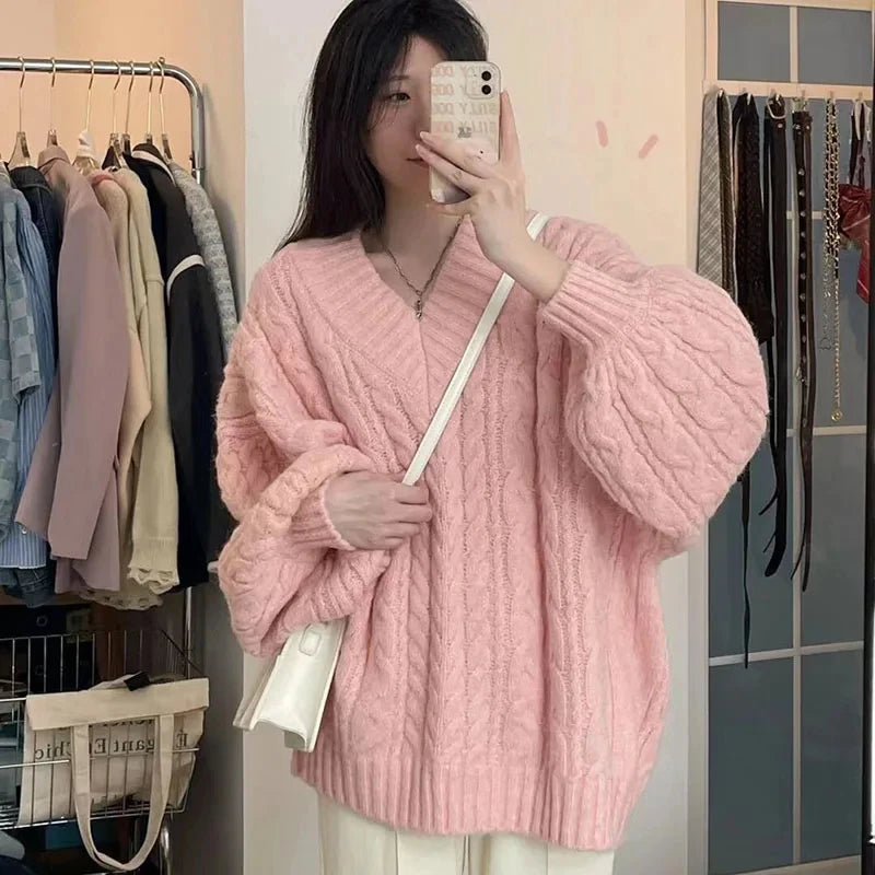 Suéter de otoño e invierno para mujer, estilo Harajuku, de punto de gran tamaño, estilo coreano, de manga larga y cuello en V, de punto, liso, holgado.