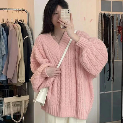Suéter de otoño e invierno para mujer, estilo Harajuku, de punto de gran tamaño, estilo coreano, de manga larga y cuello en V, de punto, liso, holgado.
