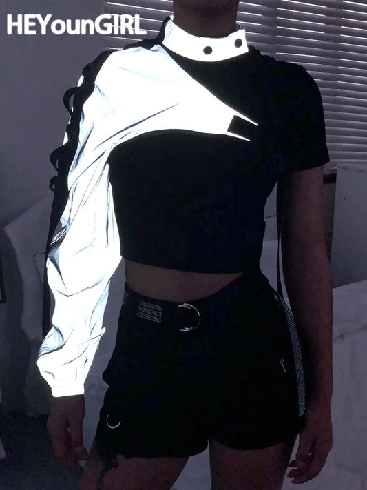 Reflective Crop Top Harajuku Punk Long Sleeve T-shirt Women Irregular Cargo Top One Shoulder T Shirt Ladies Street