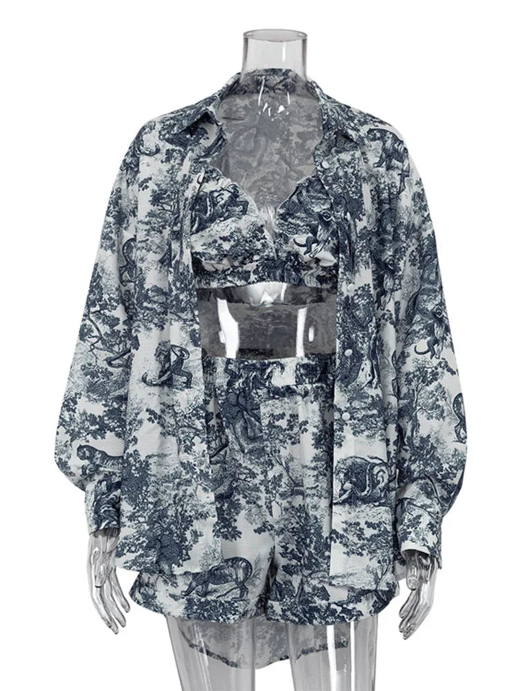 Retro Ink Shirt Three-piece Shorts Suit Women’s Summer Casual Long Sleeve Button Print Fashion Shirt with Shorts Suit