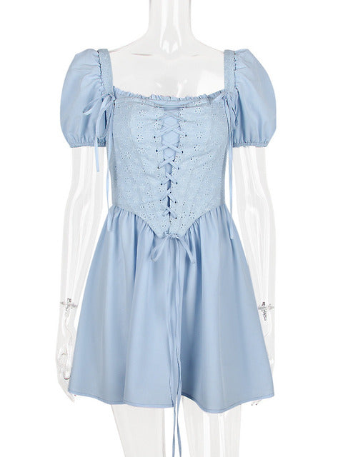 Elegante minivestido sexy de manga corta abullonada para mujer, a la moda, con cuello cuadrado, sin espalda, corte A, plisado, para fiesta, club, vintage