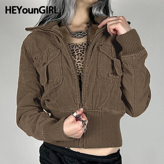 Chaqueta de pana Y2K para mujer, moda otoño 2000, abrigo marrón con cremallera, detalle de bolsillo vintage, corte entallado, ropa de calle