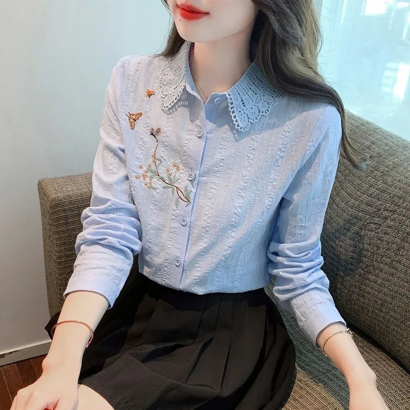 Blusas bordadas para mujer, primavera y otoño, informales, de manga larga, con cuello vuelto, de color liso, DF4775