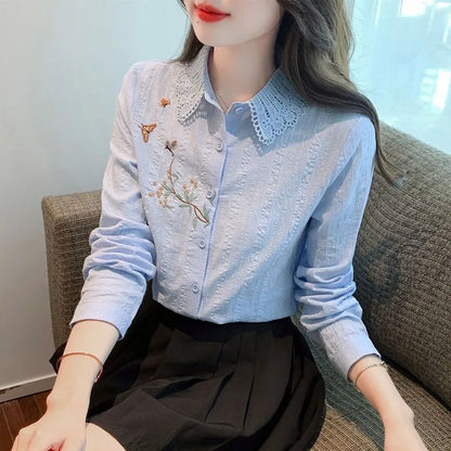 Blusas bordadas para mujer, primavera y otoño, informales, de manga larga, con cuello vuelto, de color liso, DF4775