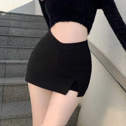 Minifaldas negras con abertura para mujer, faldas sexis de verano con cintura alta y abertura, estilo urbano, para fiestas coreanas, faldas irregulares ajustadas de corte A