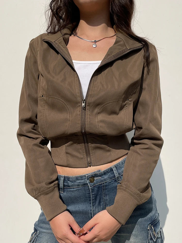 Chaquetas cargo marrones con cremallera, cuello alto, bolsillos, manga larga, estilo vintage informal para mujer