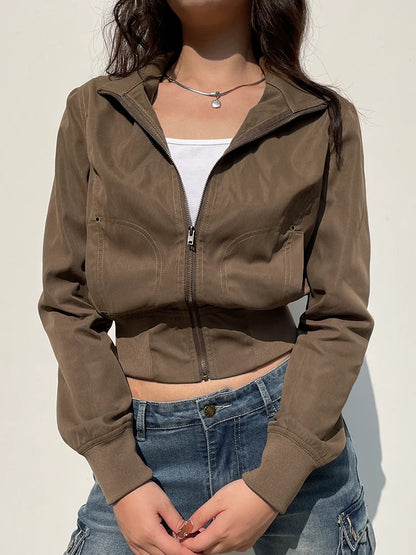 Chaquetas cargo marrones con cremallera, cuello alto, bolsillos, manga larga, estilo vintage informal para mujer