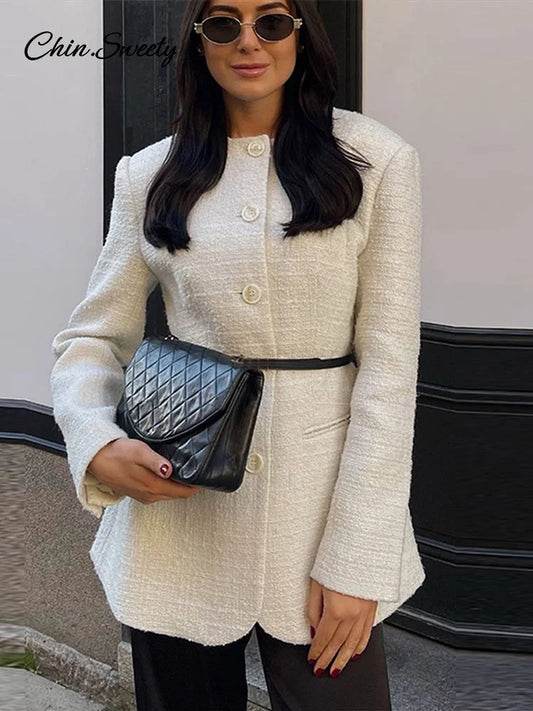 Elegant Tweed Women’s Blazer Coat Slim O Neck Single Breasted Shoulder Pad Thick Jacket Female 2025 Spring Office Lady Outwear