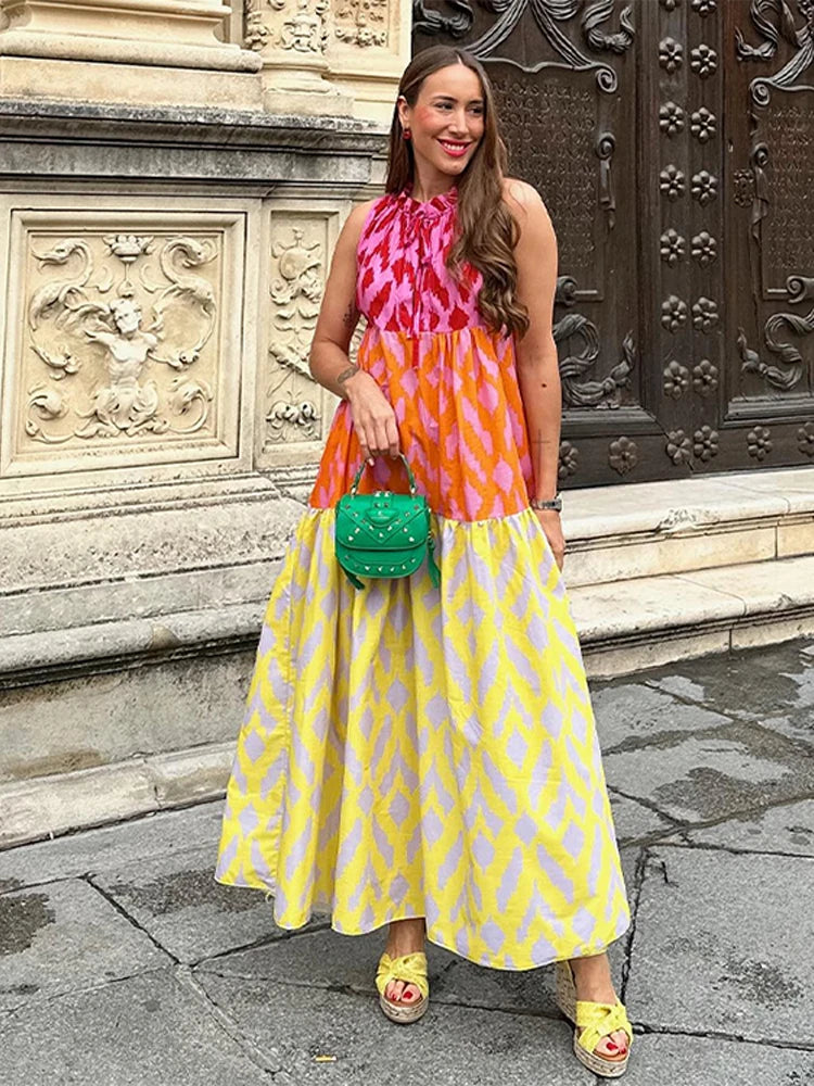 Vestido elegante con estampado de patchwork para mujer, elegante vestido Maixi informal sin mangas con cuello redondo, nueva bata de vacaciones de verano para mujer