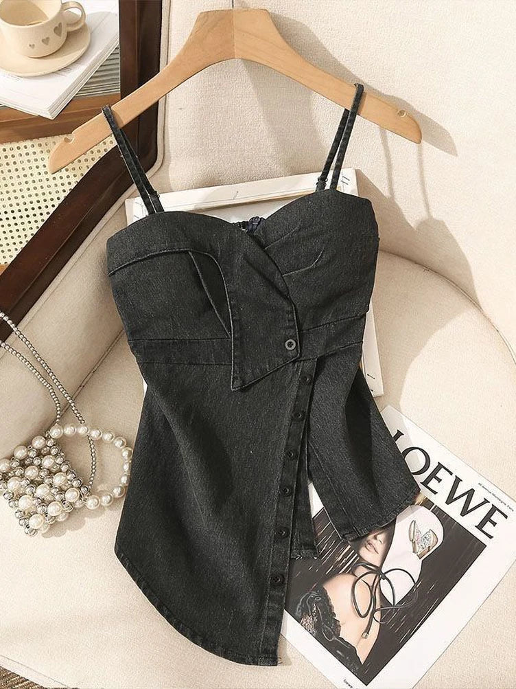 Coquette Comisoles Sin Mangas Tops de Mezclilla Sexy Mujeres Verano Jeans Tanques Crop Top Desmontable Sin Tirantes Vaquero Bustier Corsé