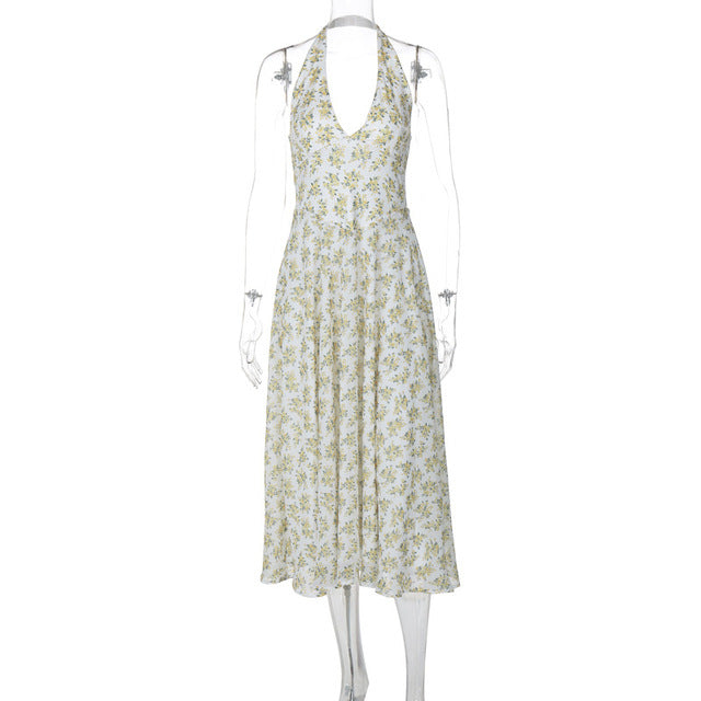 Elegante vestido midi con cuello halter y espalda descubierta para mujer, a la moda, sin mangas, corte A, plisado, para fiesta en club, sexy, largo, nuevo