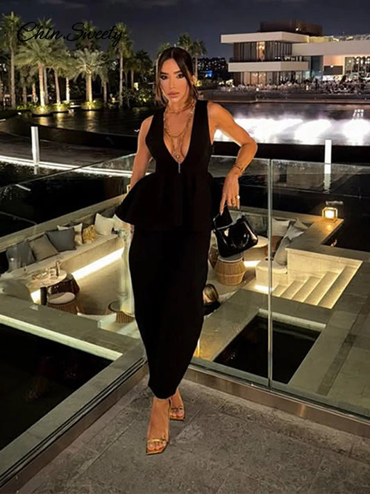 Traje de pantalón elegante negro para mujer, cuello en V, sin mangas, con volantes, camiseta sin mangas, pantalón holgado, 2 piezas, moda 2025, conjuntos para dama, nuevo